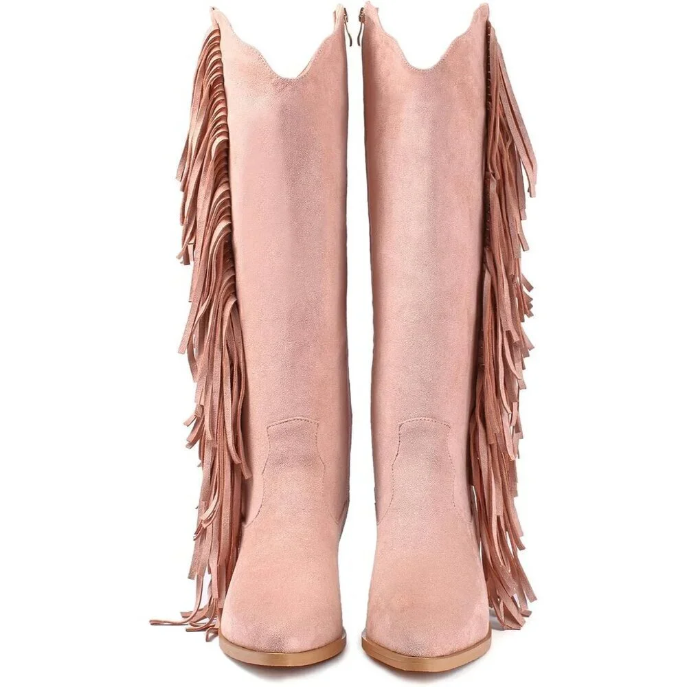 Women Pink Synthetic Fringe Tassels Pointed Toe Knee High Western Cowgirl Boots